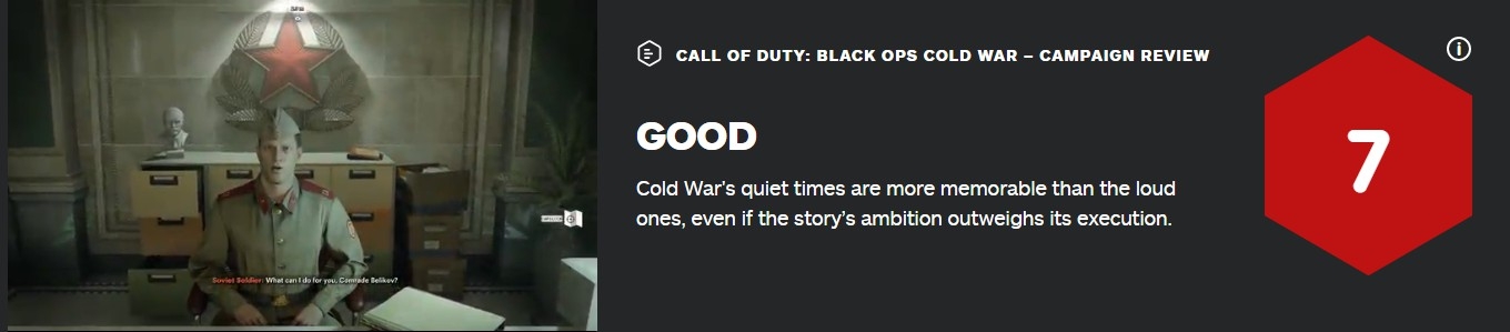 《使命召唤：黑色行动冷战》战役IGN 7分：合格但故事一般