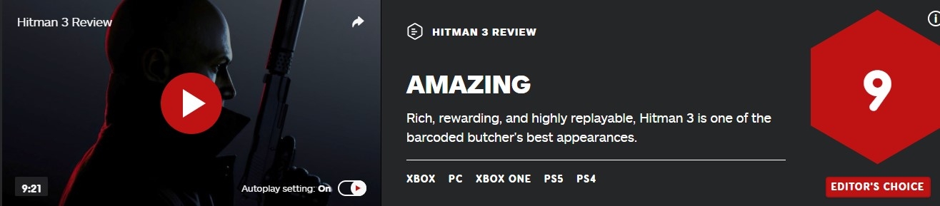《杀手3》IGN评分9.0 重玩价值高 内容丰富