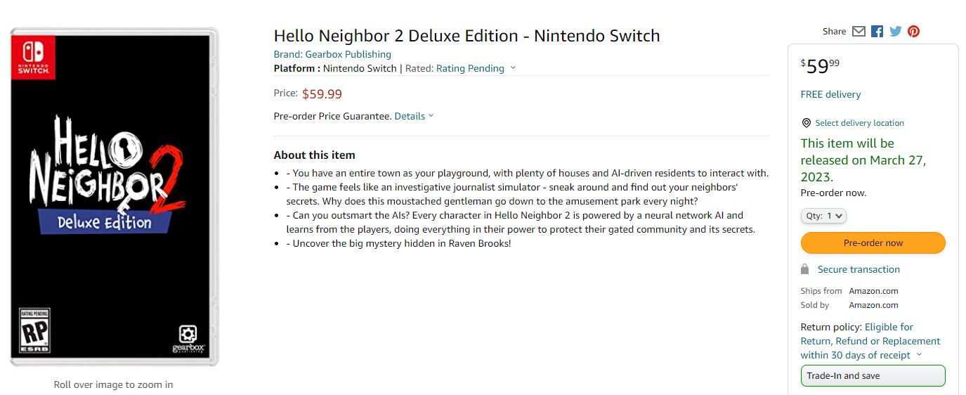 《你好邻居2》将于2023年3月27日发售，Switch实体版游戏售价59.99美元